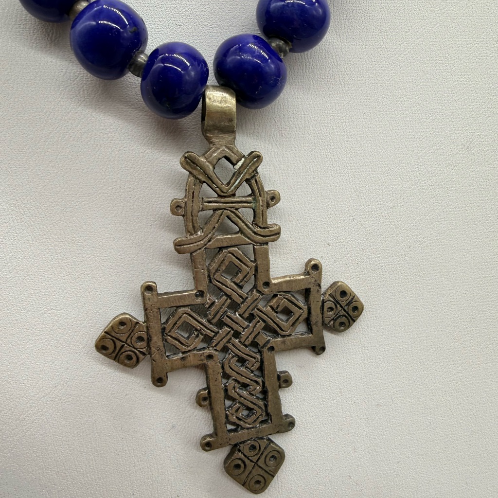 Vintage Blue Beaded Necklace With Cross Pendant